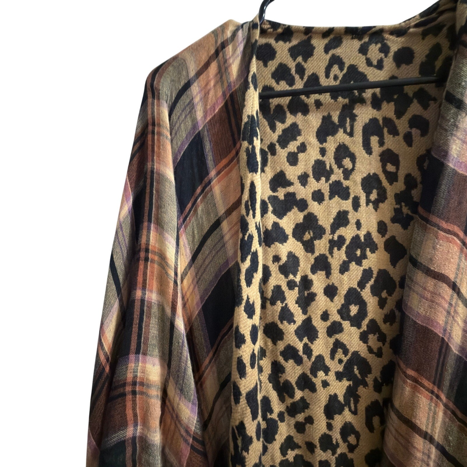 Reversible Plaid & Leopard Kimono Wrap – Boho Fringe Open-Front Layering Top