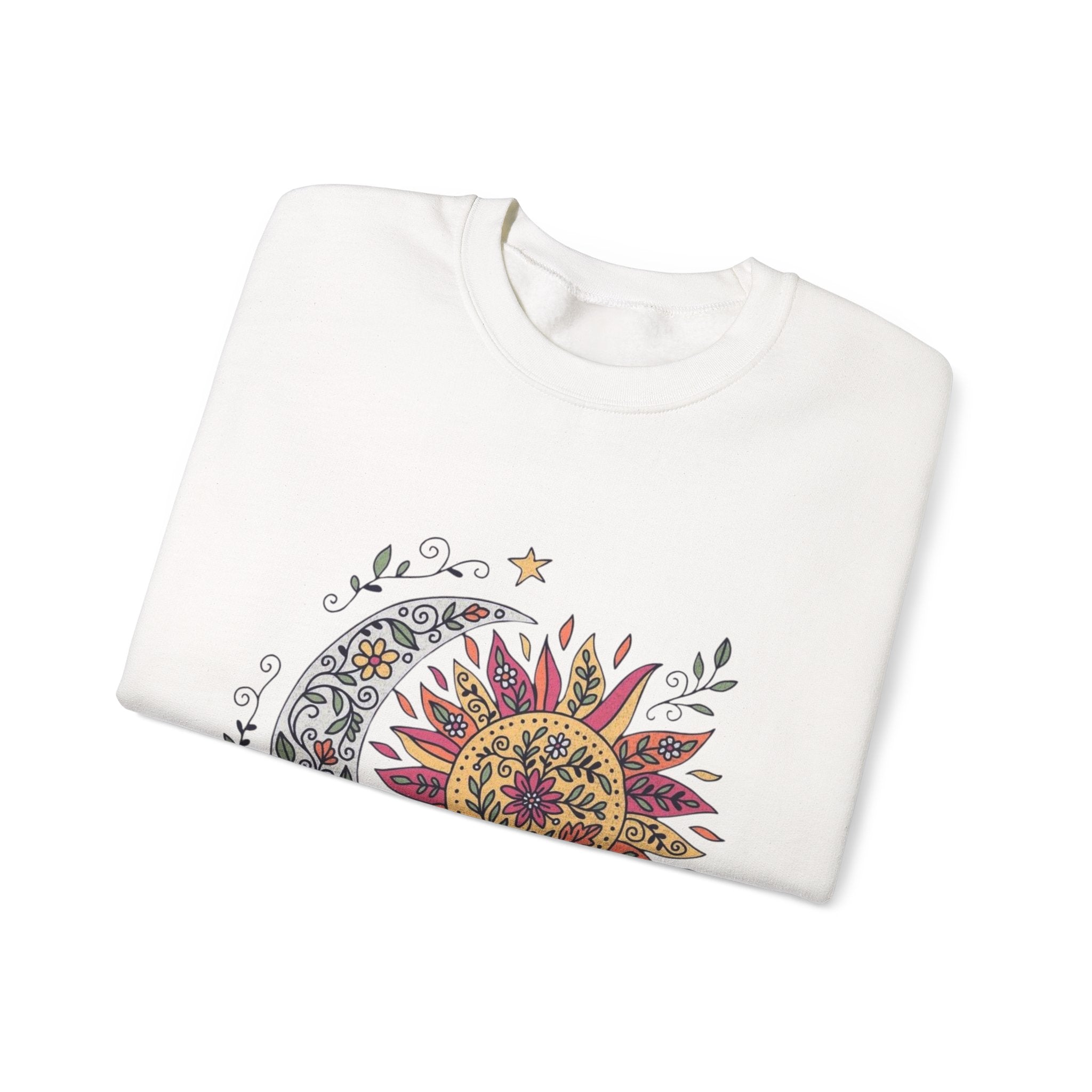 Sun & Moon Mandala Crewneck Sweatshirt — Boho Celestial Graphic Pullover