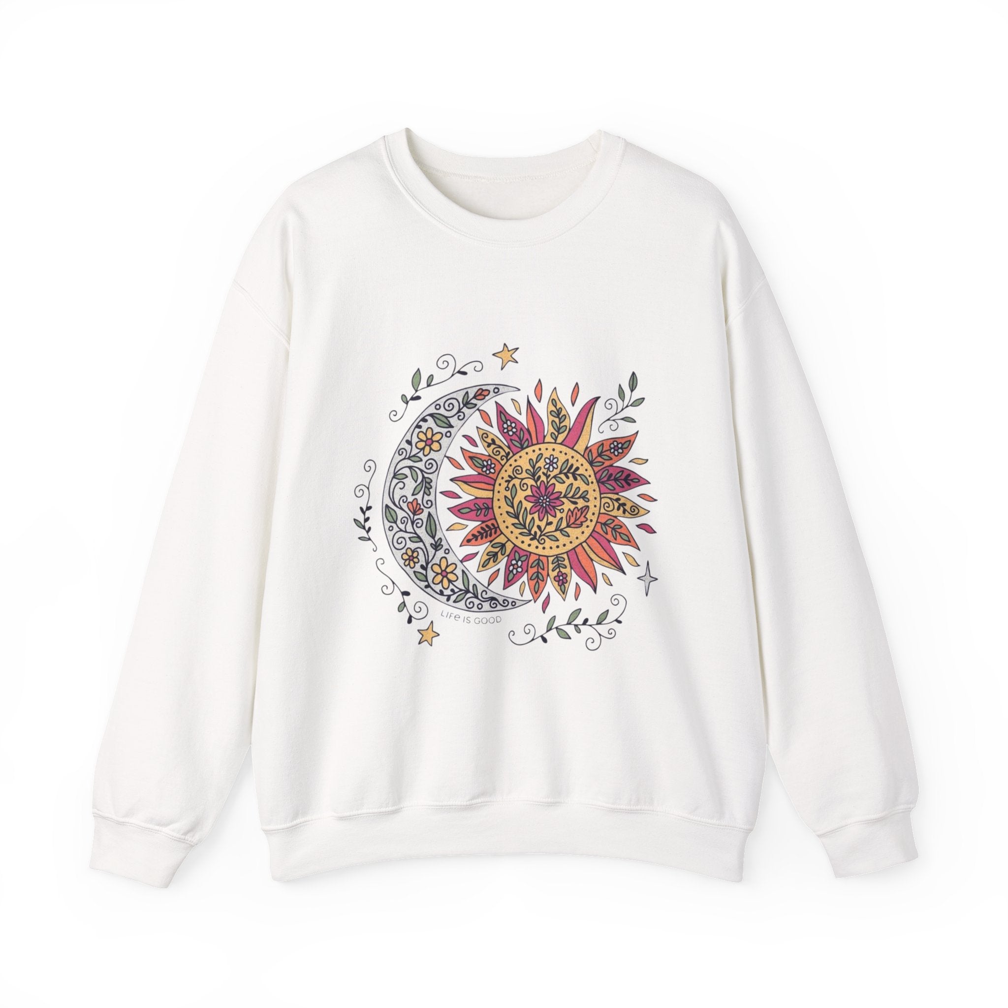 Sun & Moon Mandala Crewneck Sweatshirt — Boho Celestial Graphic Pullover