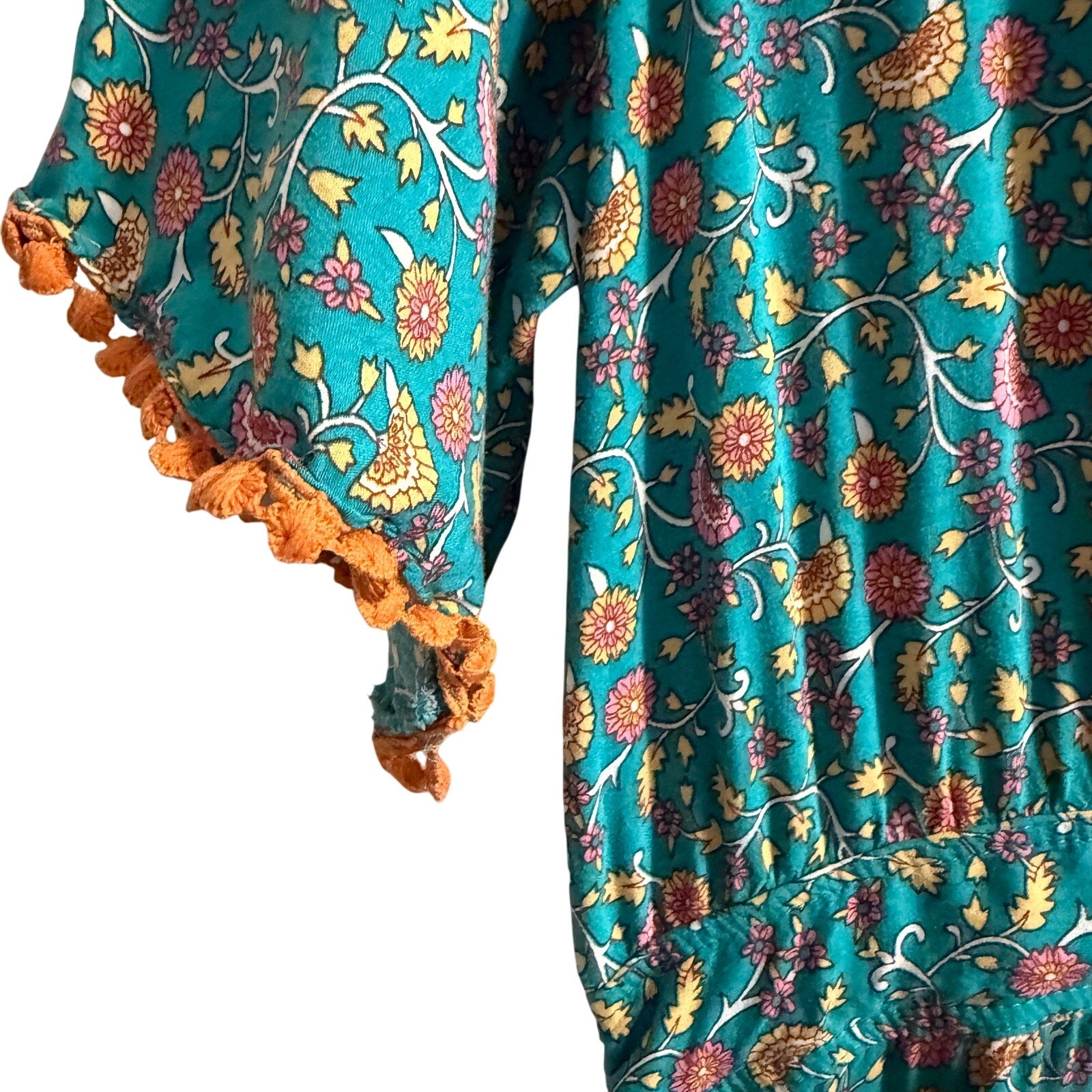 Boho Floral Maxi Dress – Teal Paisley Print, Tiered Hem, Tassel Tie Waist, Short Sleeve Flowy Summer Dress