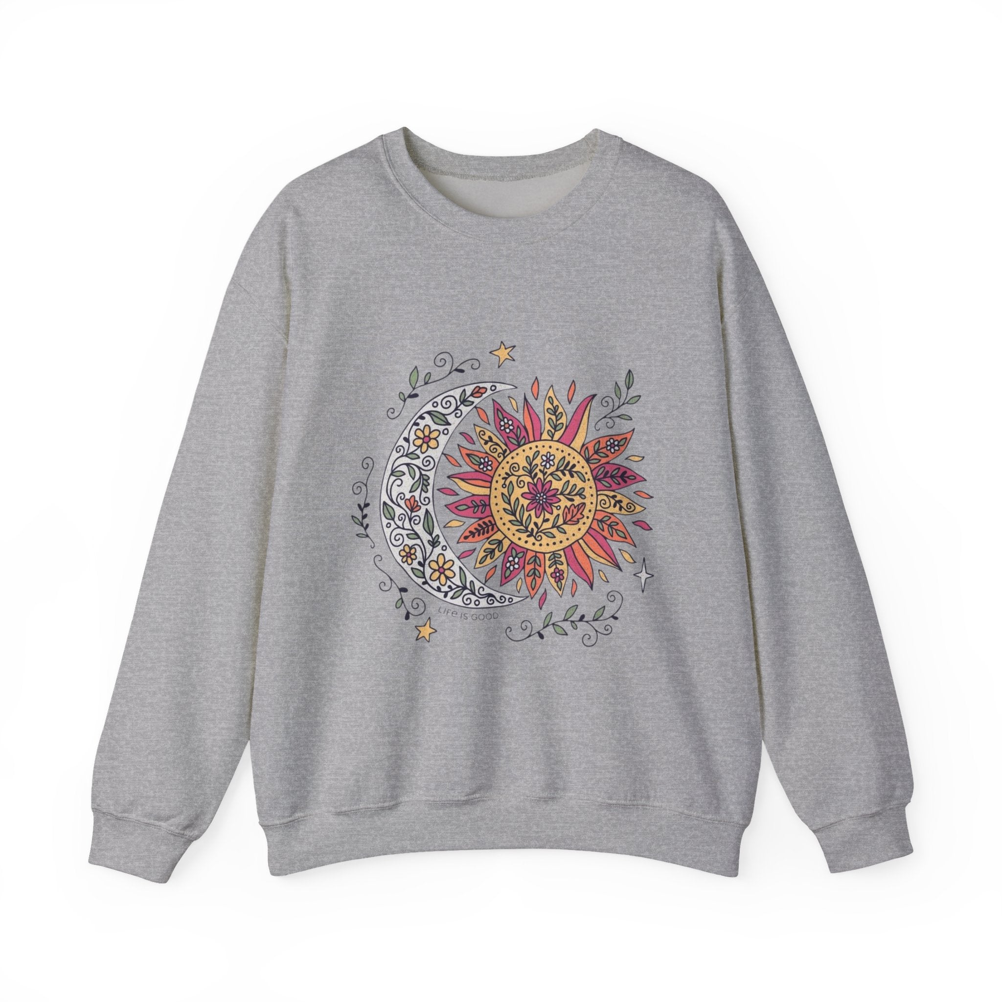 Sun & Moon Mandala Crewneck Sweatshirt — Boho Celestial Graphic Pullover