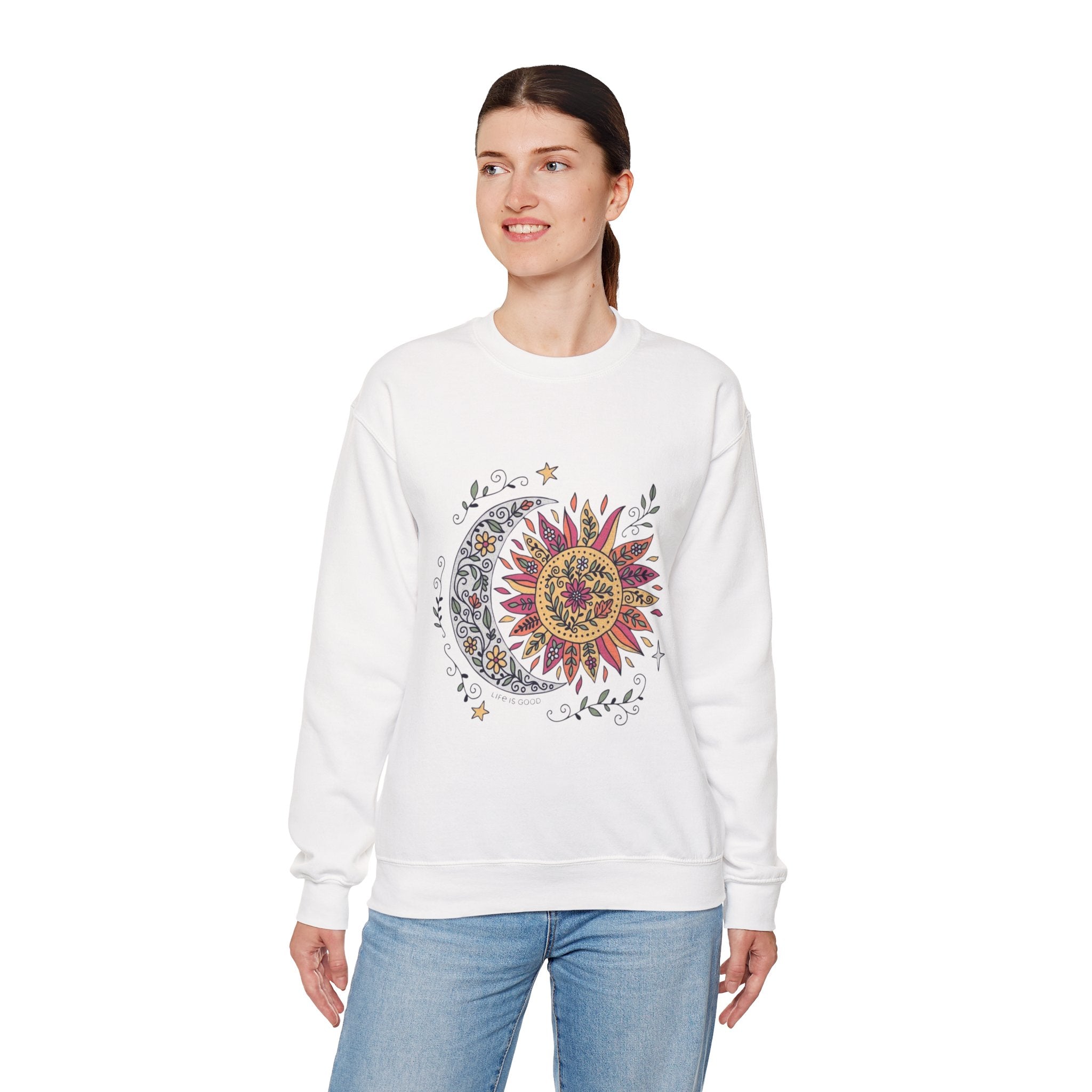 Sun & Moon Mandala Crewneck Sweatshirt — Boho Celestial Graphic Pullover