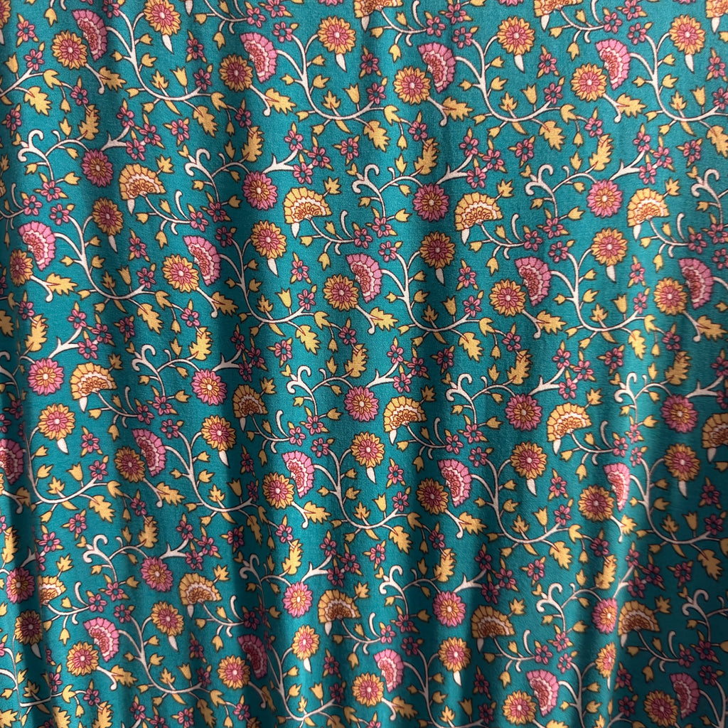 Boho Floral Maxi Dress – Teal Paisley Print, Tiered Hem, Tassel Tie Waist, Short Sleeve Flowy Summer Dress