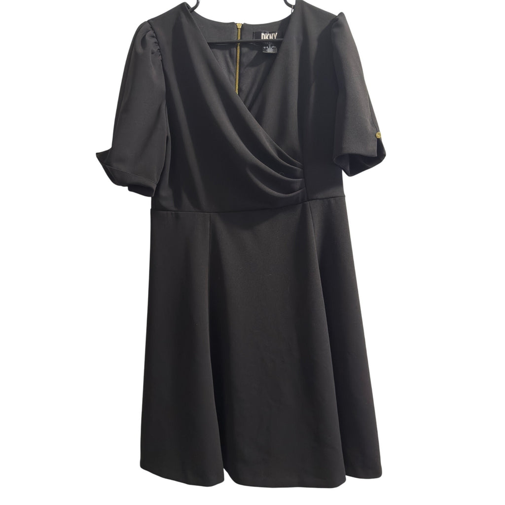 DKNY Black Short Sleeve Faux Wrap A-Line Dress – Size 12, Elegant Workwear Cocktail Dress