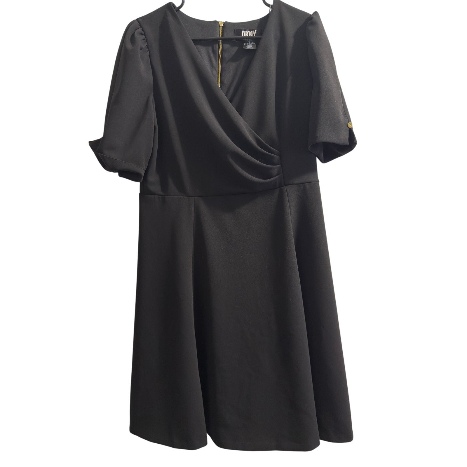 DKNY Black Short Sleeve Faux Wrap A-Line Dress – Size 12, Elegant Workwear Cocktail Dress