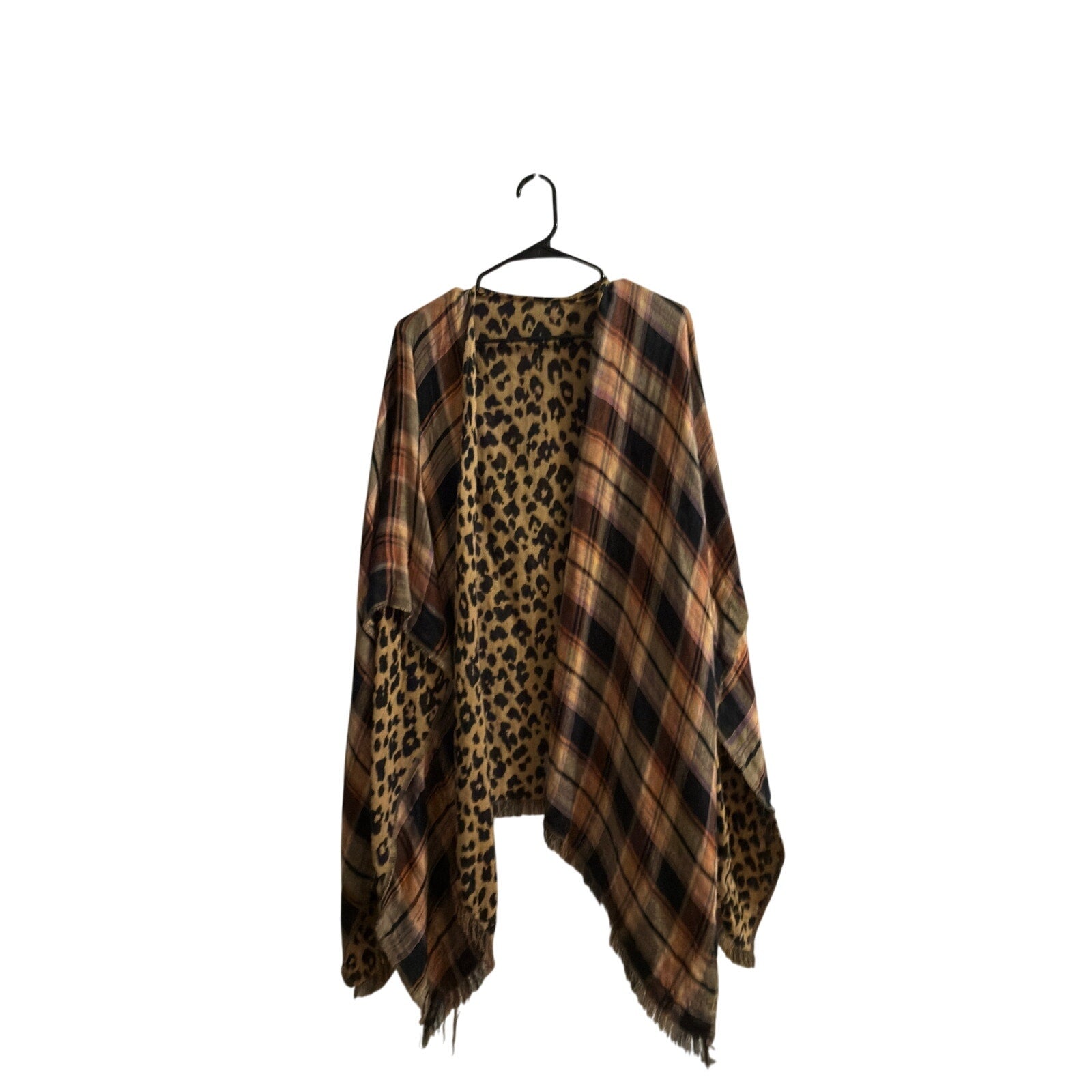 Reversible Plaid & Leopard Kimono Wrap – Boho Fringe Open-Front Layering Top