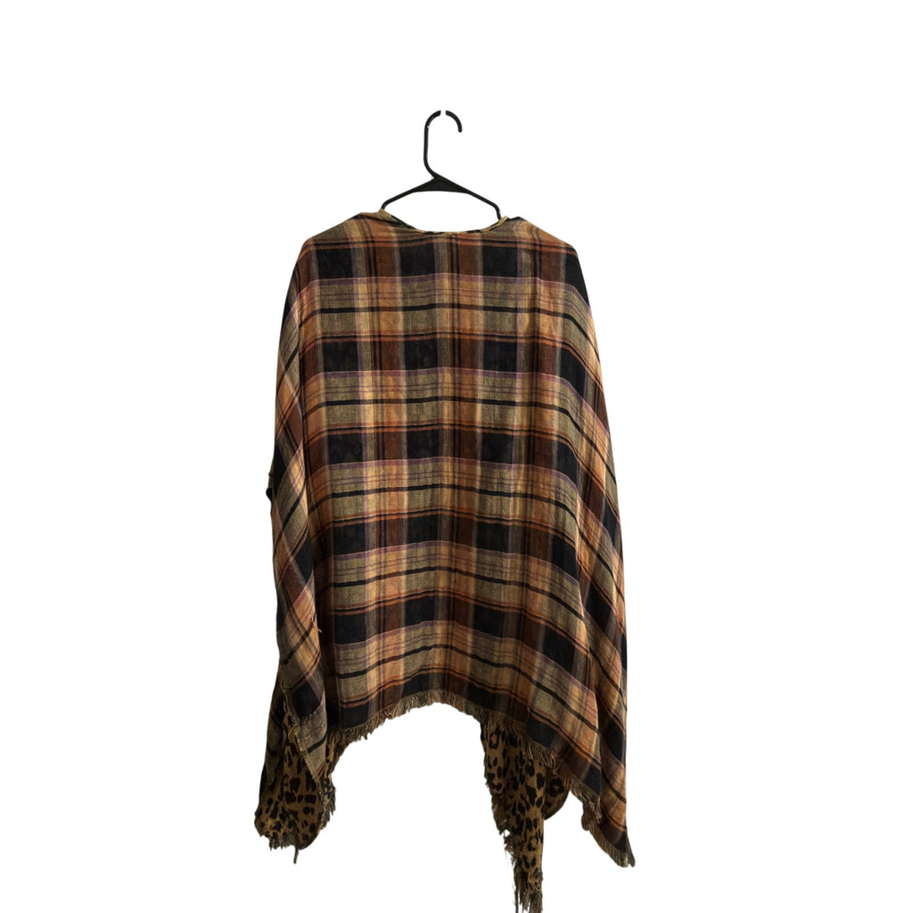 Reversible Plaid & Leopard Kimono Wrap – Boho Fringe Open-Front Layering Top