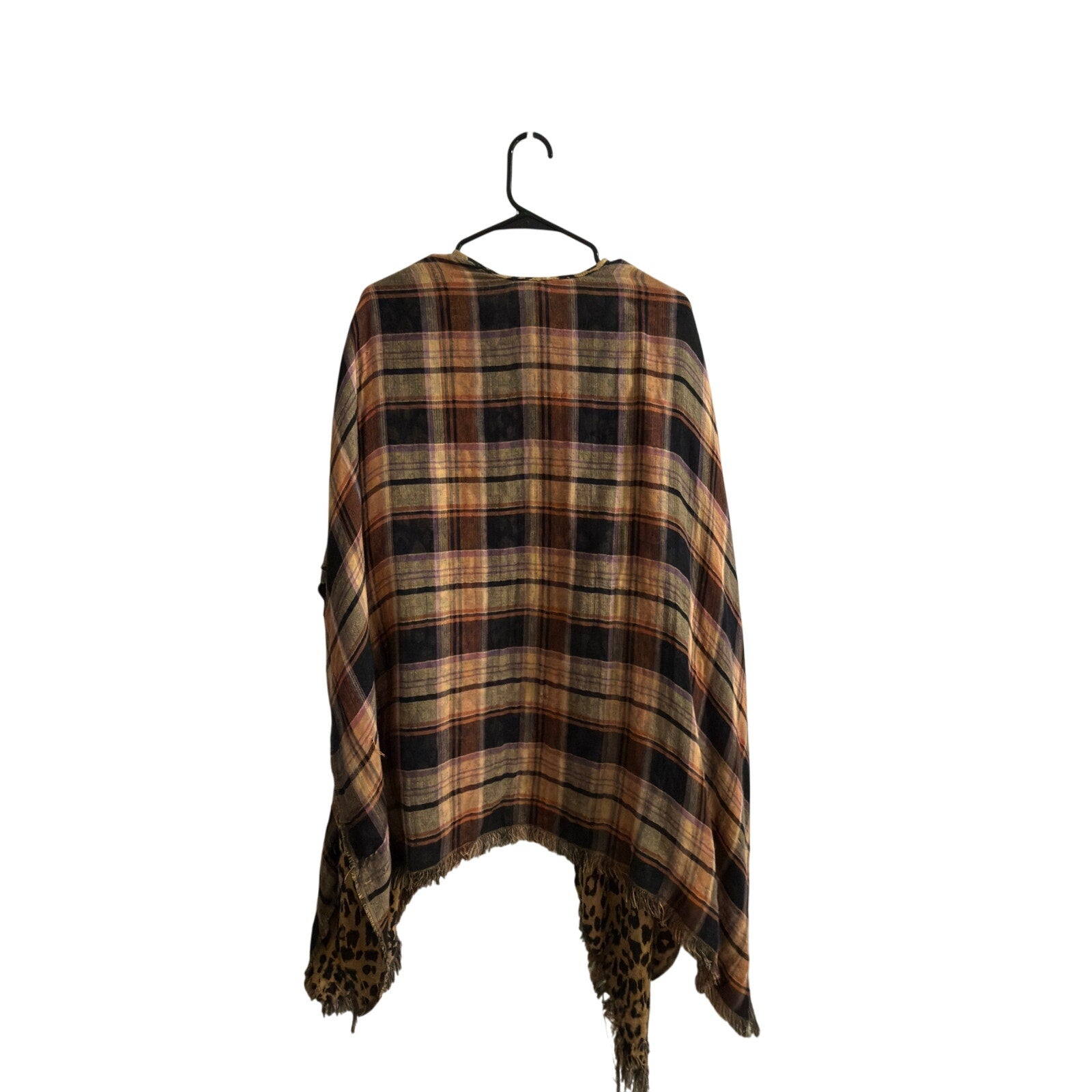 Reversible Plaid & Leopard Kimono Wrap – Boho Fringe Open-Front Layering Top