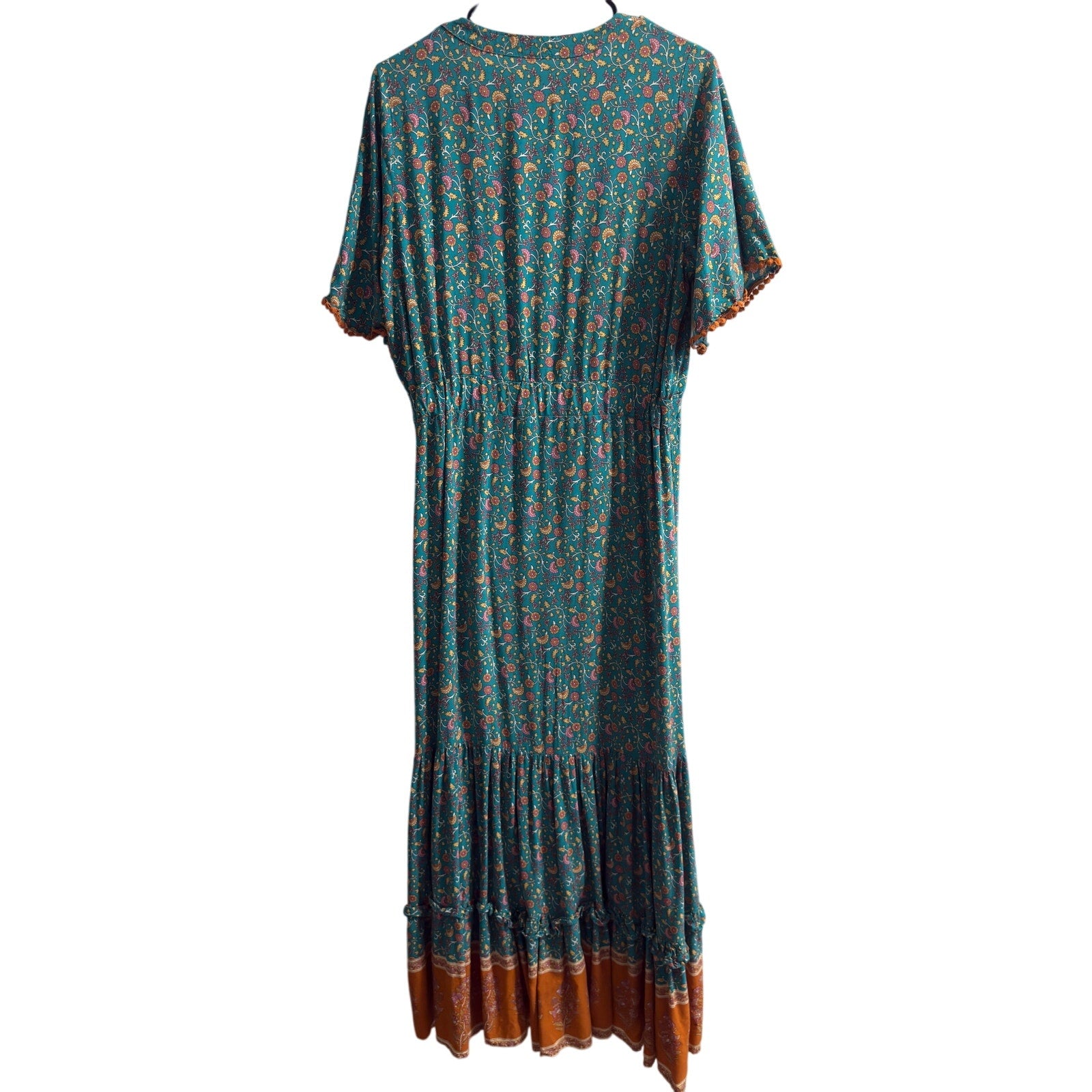Boho Floral Maxi Dress – Teal Paisley Print, Tiered Hem, Tassel Tie Waist, Short Sleeve Flowy Summer Dress