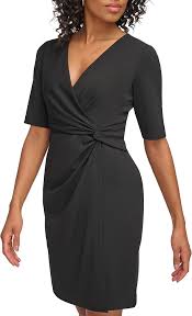 DKNY Black Short Sleeve Faux Wrap A-Line Dress – Size 12, Elegant Workwear Cocktail Dress