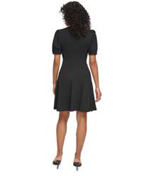 DKNY Black Short Sleeve Faux Wrap A-Line Dress – Size 12, Elegant Workwear Cocktail Dress