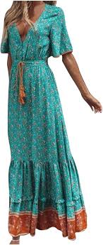 Boho Floral Maxi Dress – Teal Paisley Print, Tiered Hem, Tassel Tie Waist, Short Sleeve Flowy Summer Dress