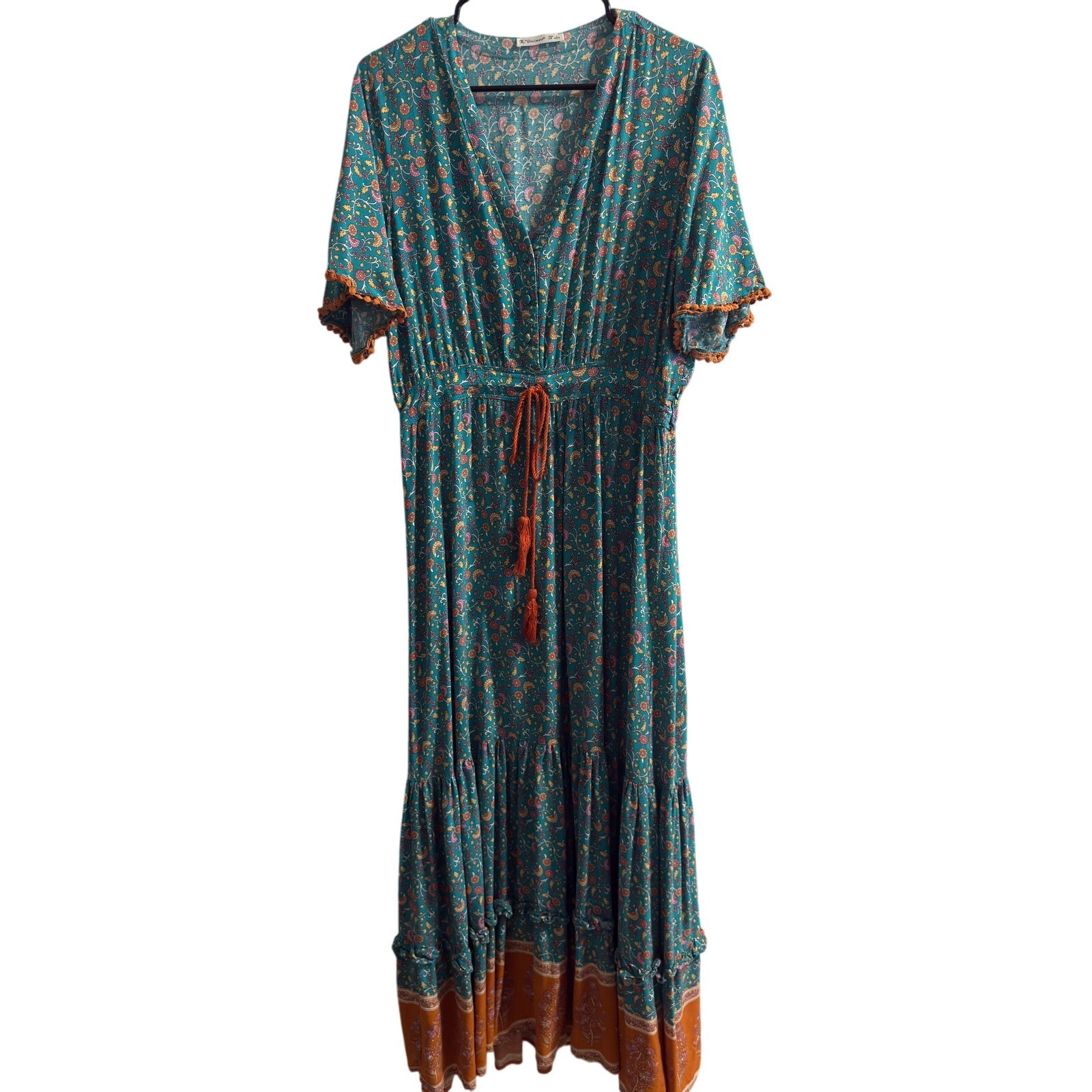 Boho Floral Maxi Dress – Teal Paisley Print, Tiered Hem, Tassel Tie Waist, Short Sleeve Flowy Summer Dress