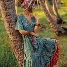 Boho Floral Maxi Dress – Teal Paisley Print, Tiered Hem, Tassel Tie Waist, Short Sleeve Flowy Summer Dress